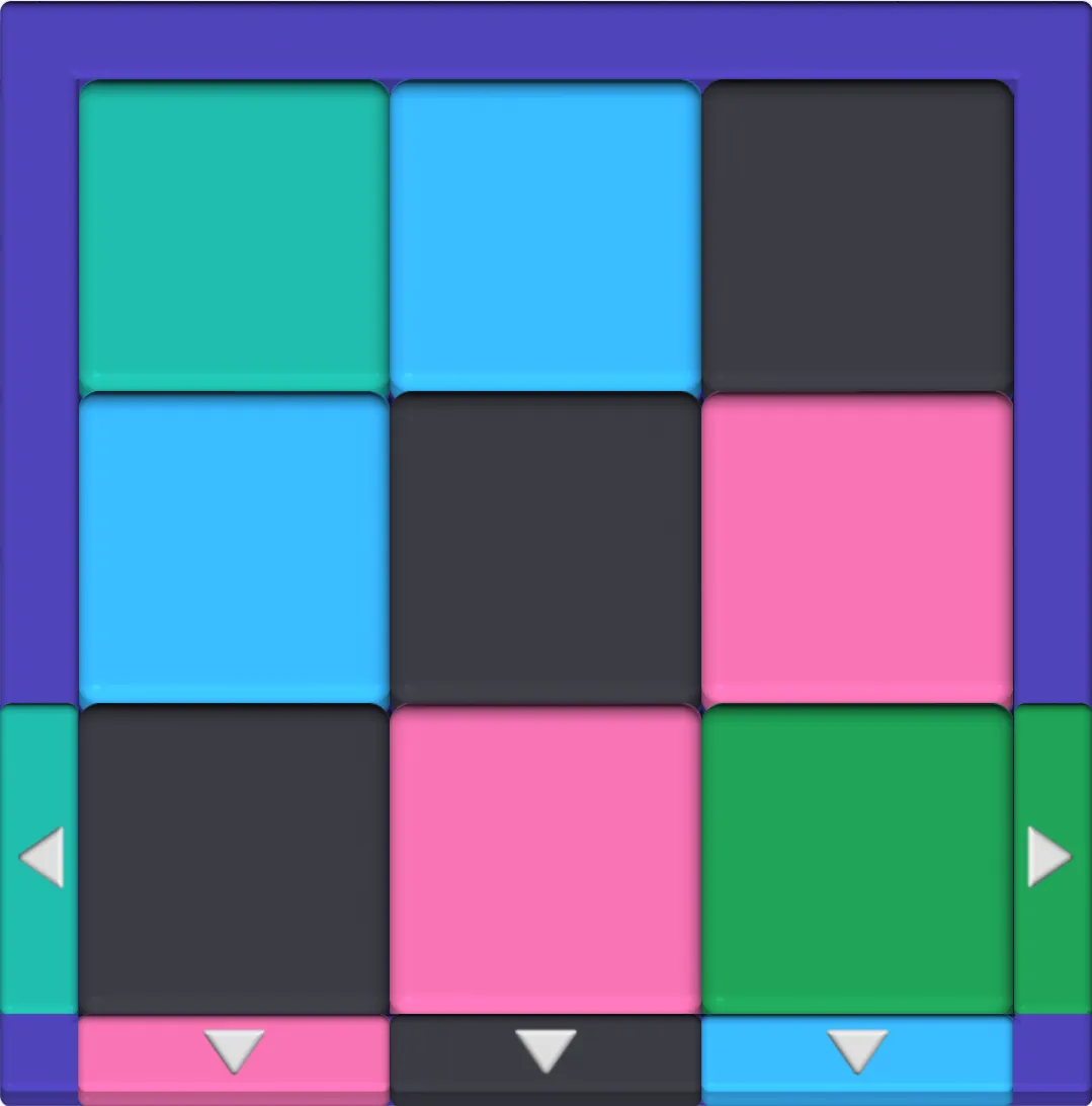 Block Out level 3 board: nine color blocks in a 3 by 3 grid, with pink, black and blue exits below and teal and green exits on the sides.